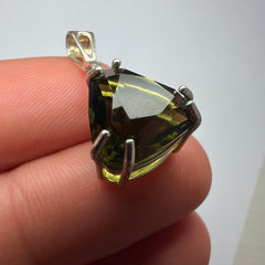 Faceted Triangle Cut Moldavite Silver Pendant, 5.96ct.