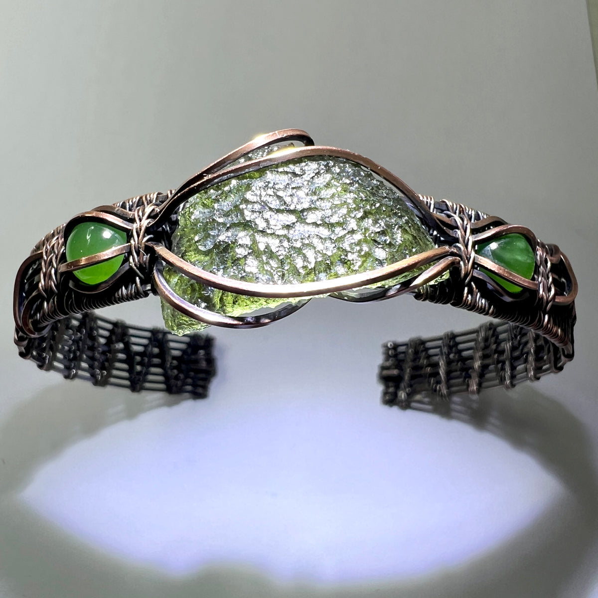 1.9g Moldavite/Copper Bracelet with Nephrite Jade Accents (Adjustable)