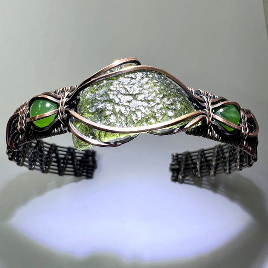 1.9g Moldavite/Copper Bracelet with Nephrite Jade Accents (Adjustable)