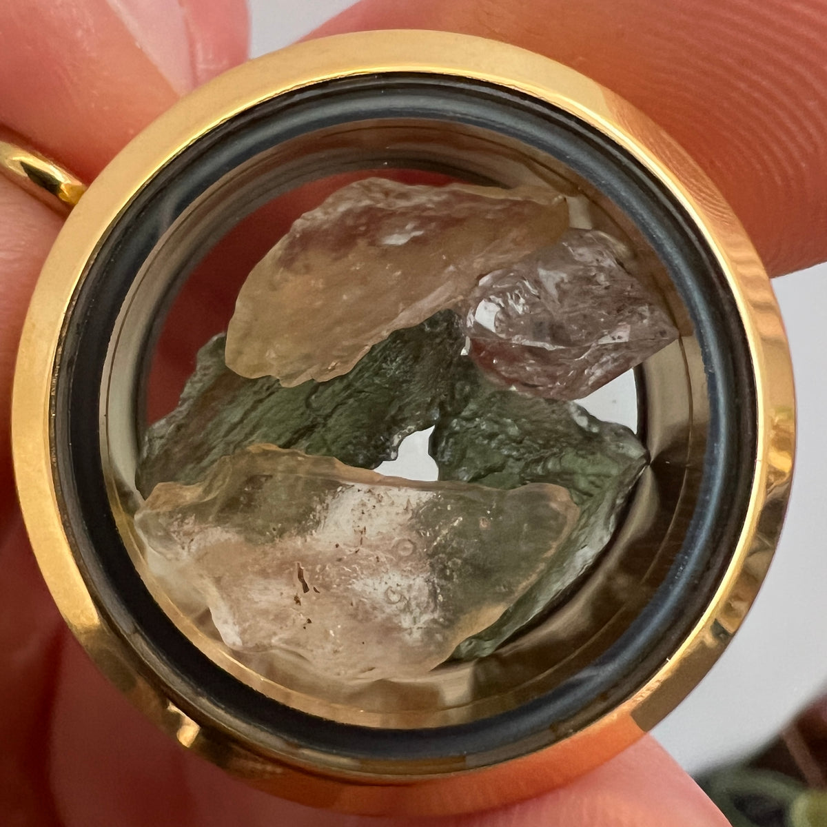 Moldavite, Herkimer Diamond & LDG Gold Locket - 30mm