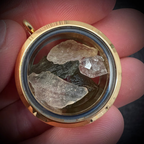 Moldavite, Herkimer Diamond & LDG Gold Locket - 30mm