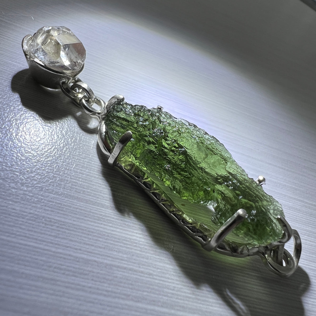 2.73g Moldavite & Herkimer Diamond Silver Pendant