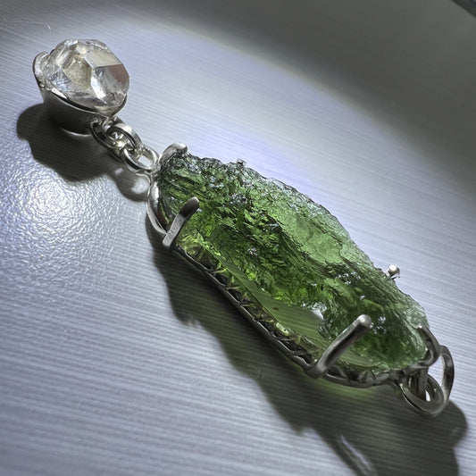 2.73g Moldavite & Herkimer Diamond Silver Pendant