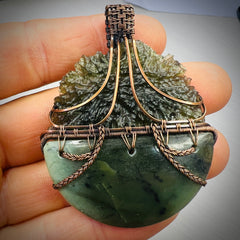 Heaven & Earth; Moldavite & Greenstone Statement piece pendant.