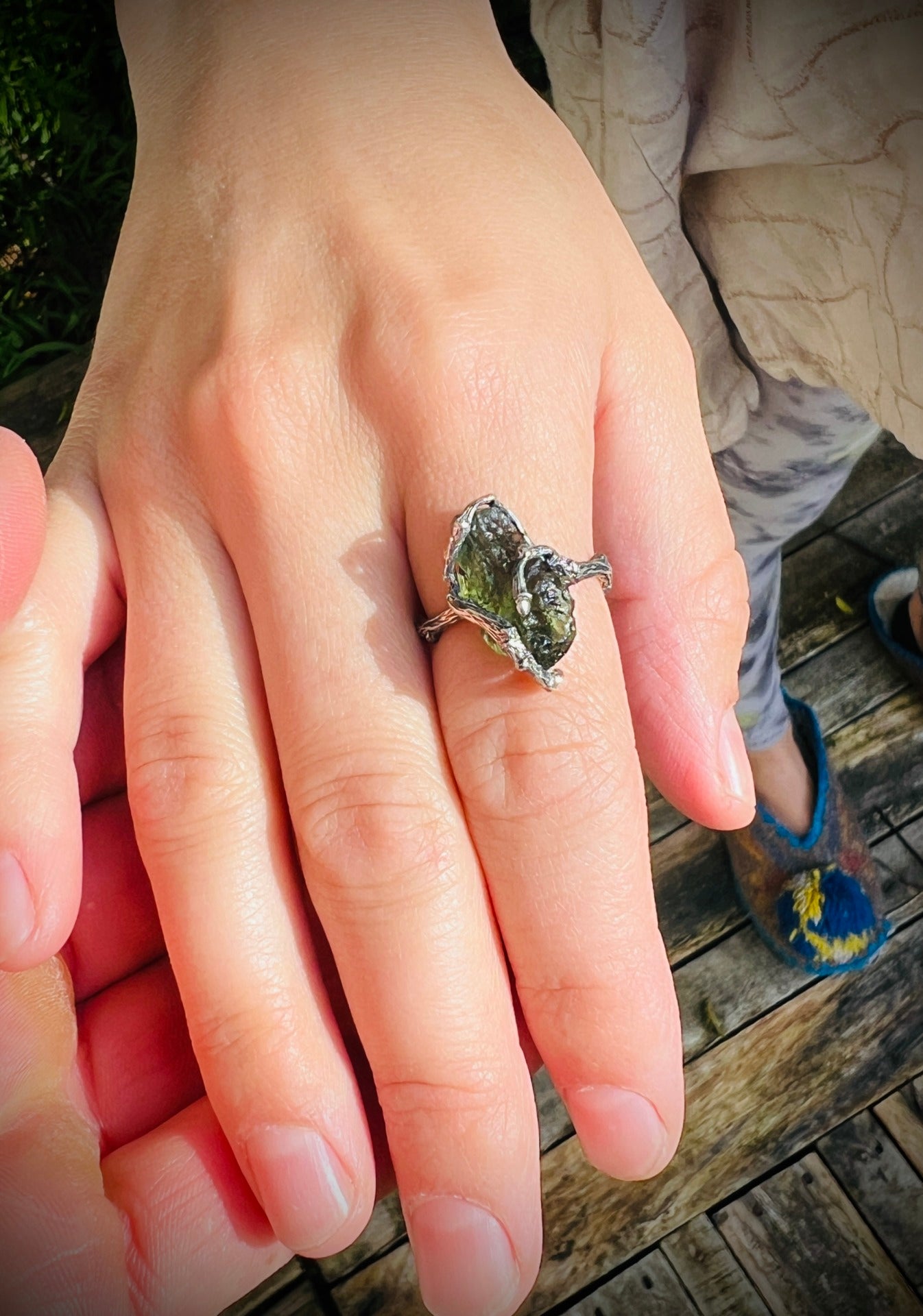 Moldavite ring, Oak branch motif. Size O (7.5)