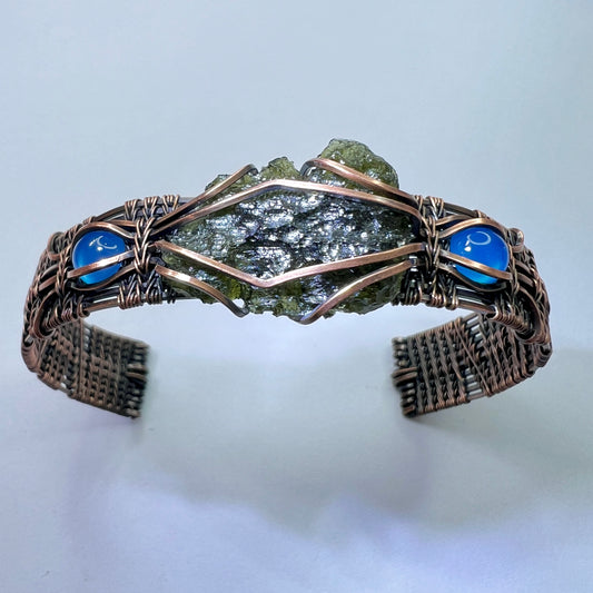 Moldavite & Blue Onyx Adjustable Copper Bracelet