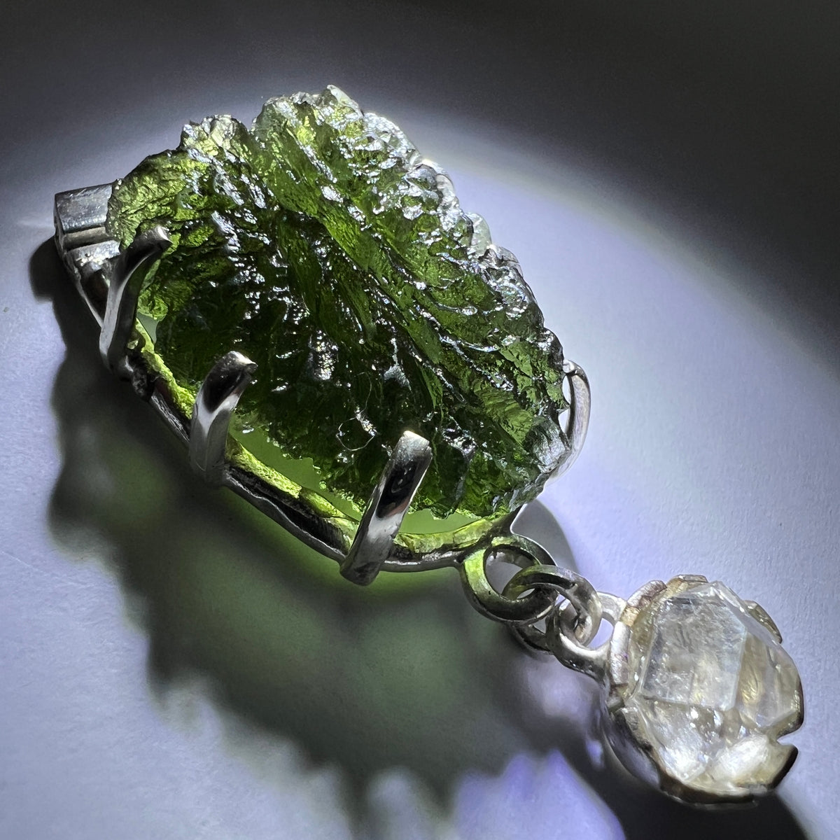 5.43g Moldavite & Herkimer Diamond Silver Pendant