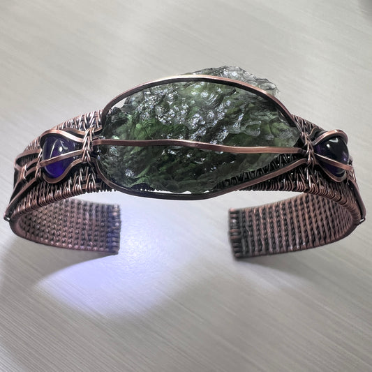 Moldavite & Amethyst Copper Bracelet