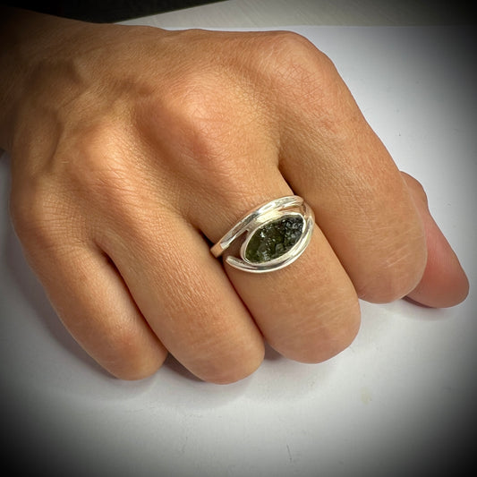 Oval Eye Shaped Moldavite Silver Ring – Size 6 (M)