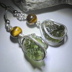 Elegant Moldavite Earrings with Tiger’s Eye Accents
