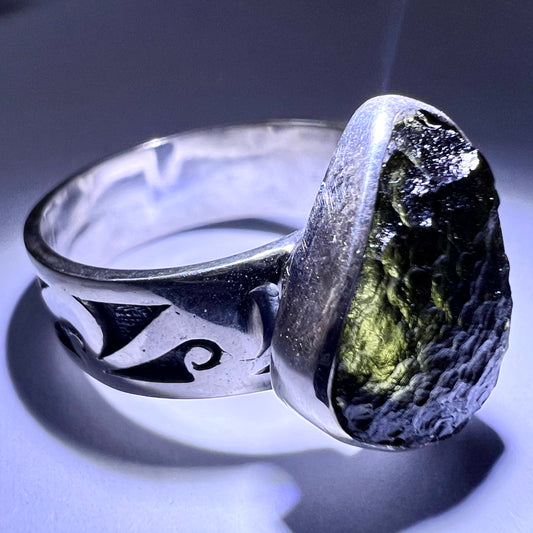 Solid silver Moldavite ring size 10 (U)