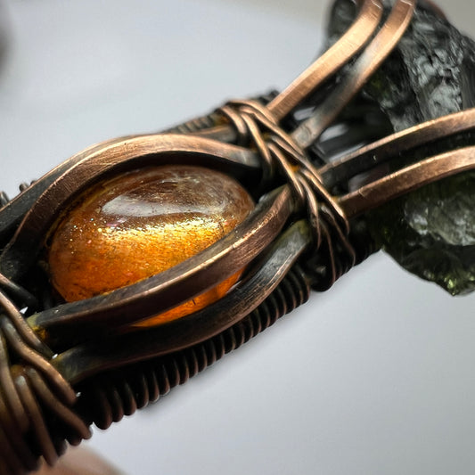 Moldavite Copper Bracelet with Sunstone Accents