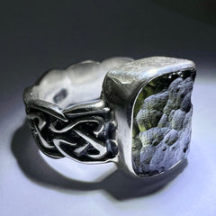 Square Knot Band Moldavite Silver Ring – Size 8 (Q)