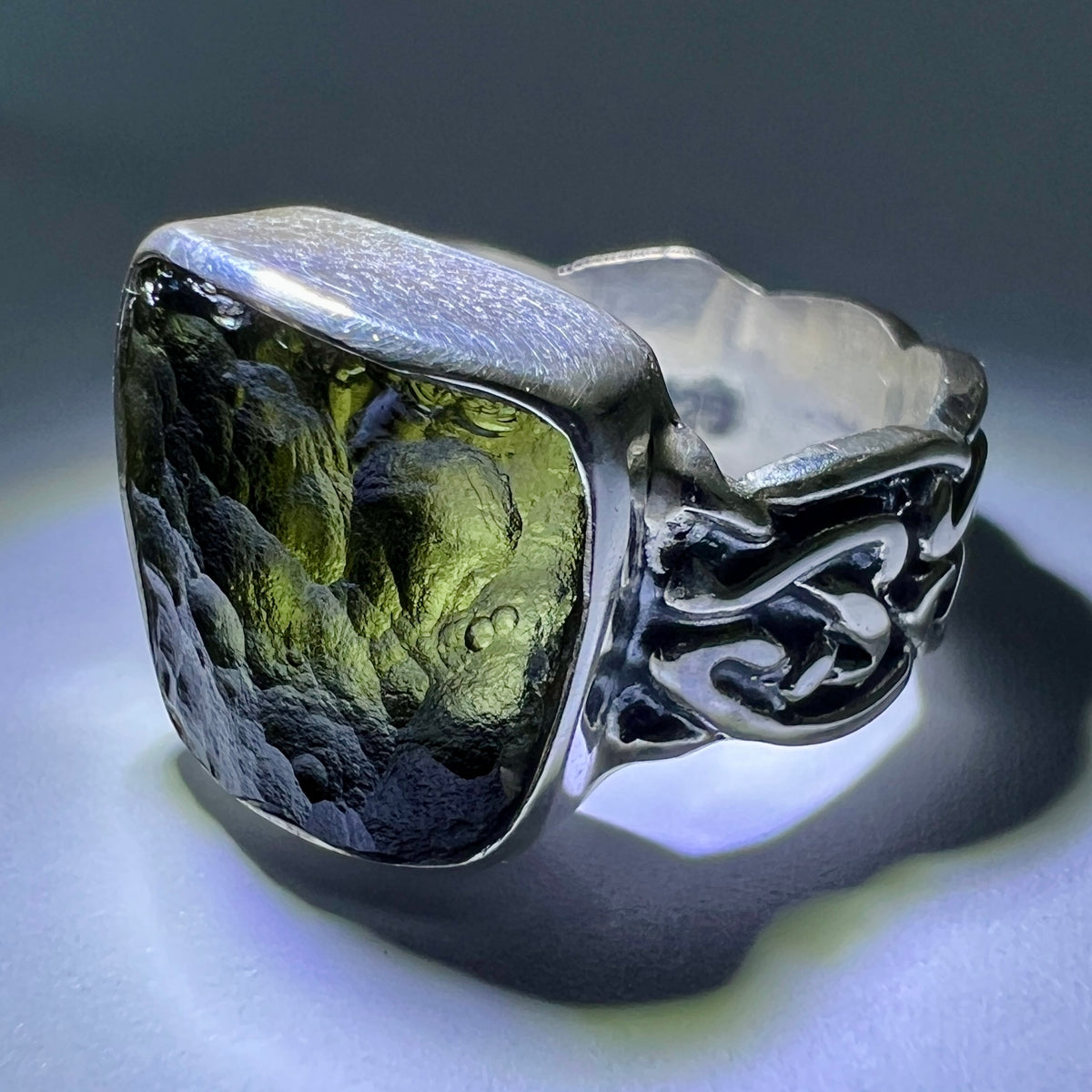 Square Knot Band Moldavite Silver Ring – Size 8 (Q)