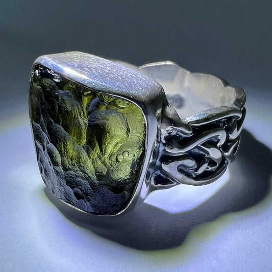 Square Knot Band Moldavite Silver Ring – Size 8 (Q)