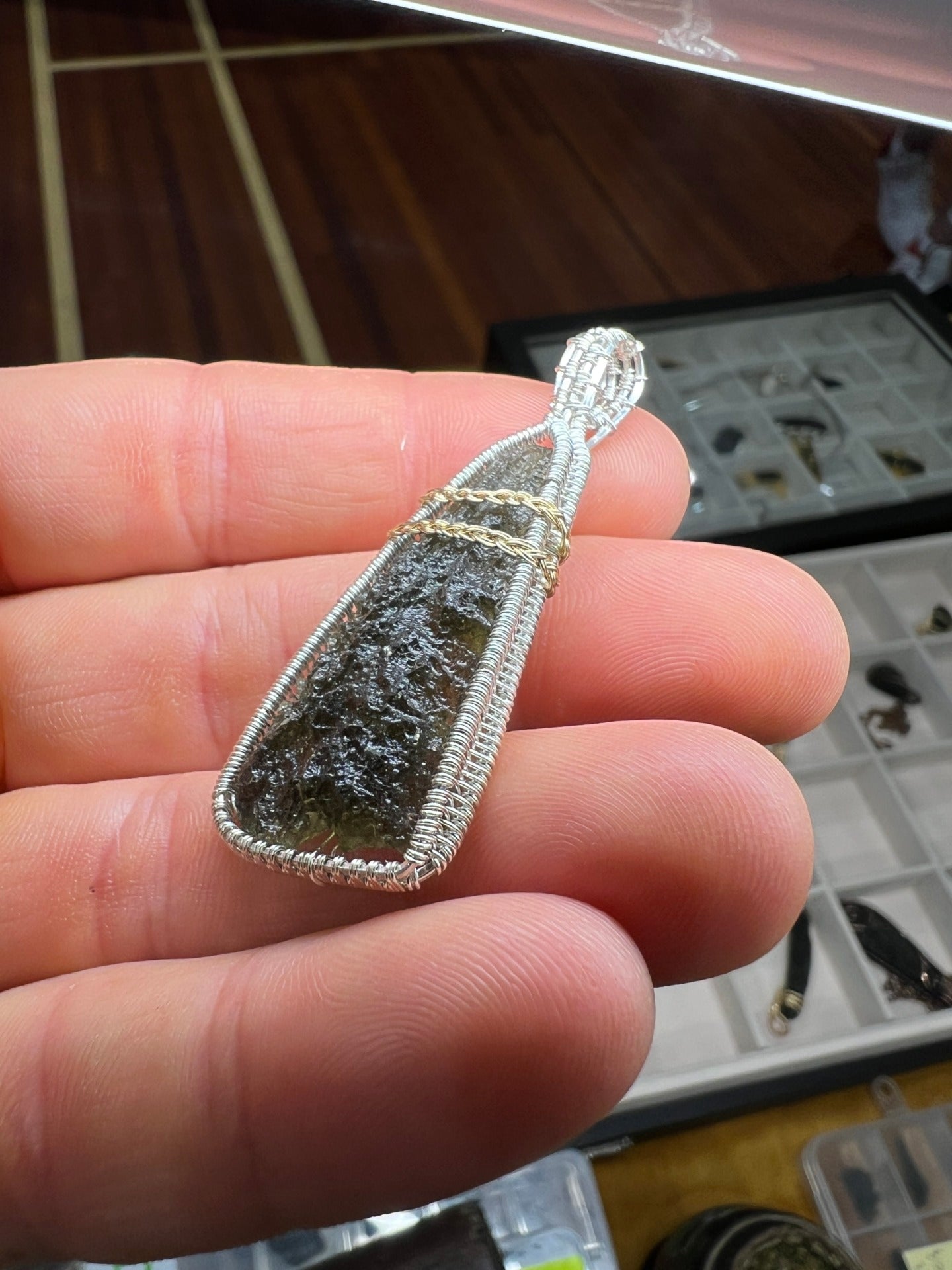 3.56g Moldavite, Silver & Gold Pendant