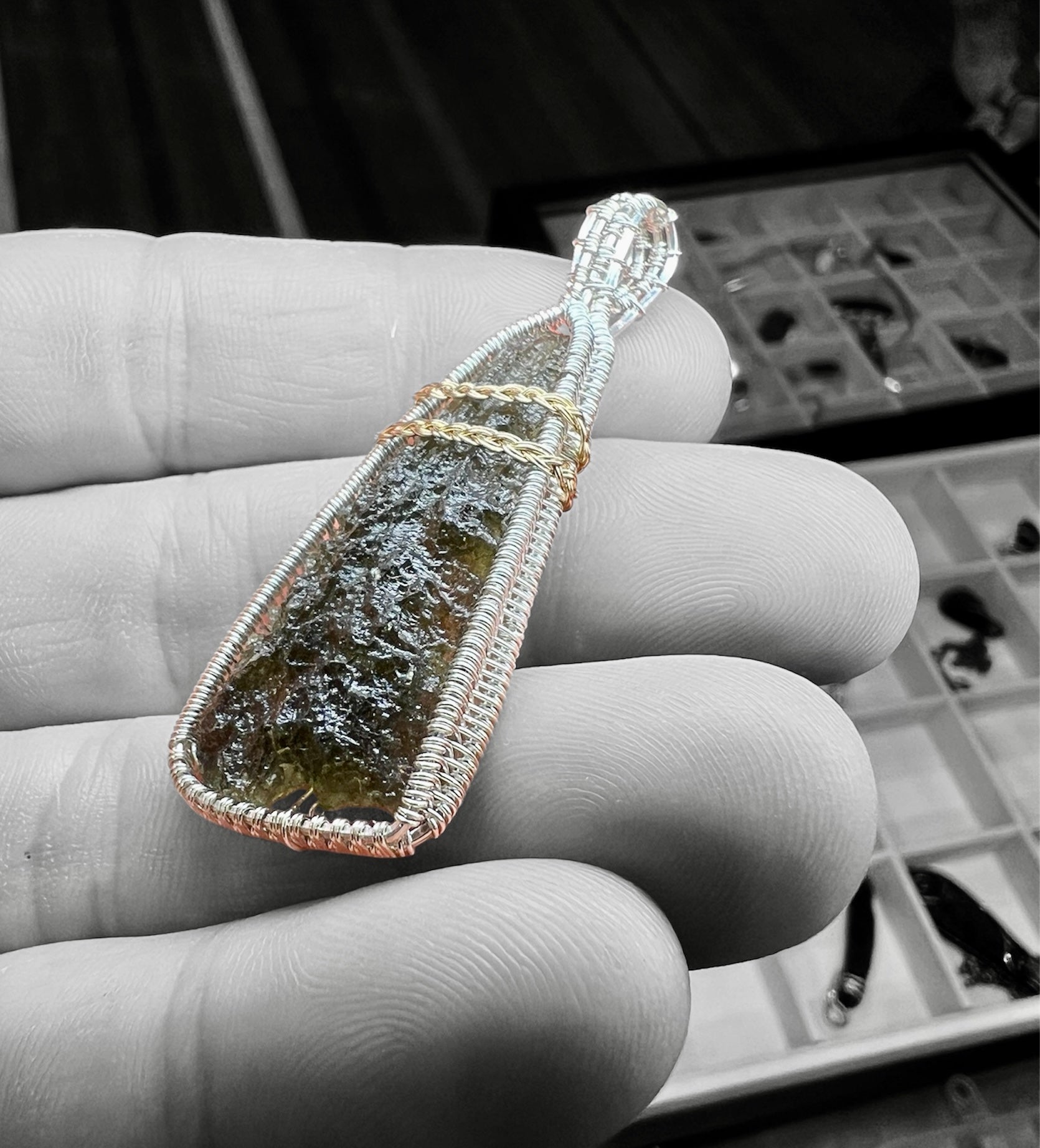 3.56g Moldavite, Silver & Gold Pendant