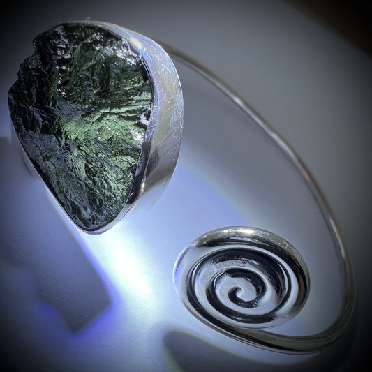 Moldavite Spiral Silver Bracelet