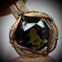 Faceted Moldavite in Gold Wrap - 6.69k Emerald Cut.