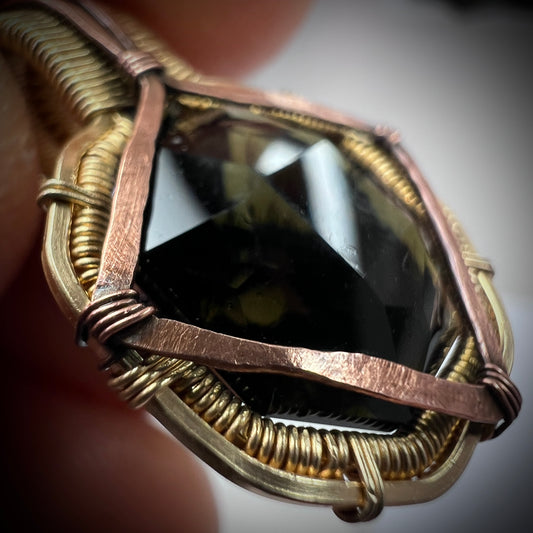 Faceted Moldavite in Gold Wrap - 6.69k Emerald Cut.
