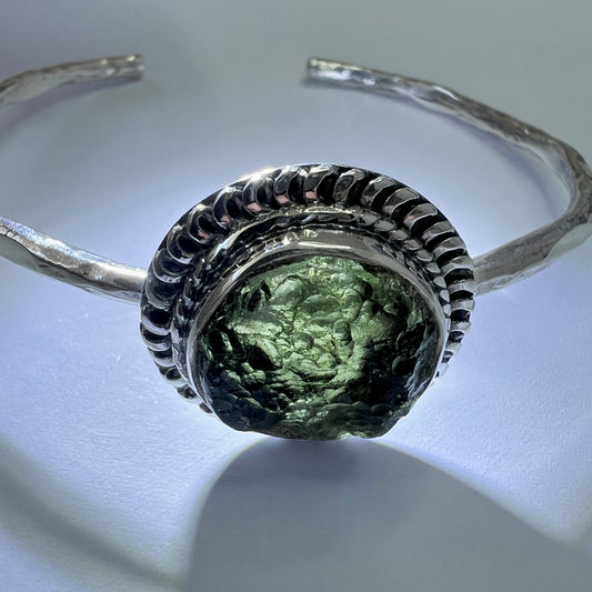 Moldavite Silver Cuff Bracelet 2.7g