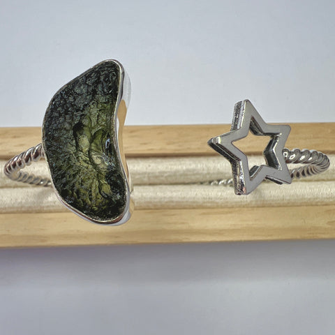 Moldavite Star Silver Bypass Bracelet  3.1g
