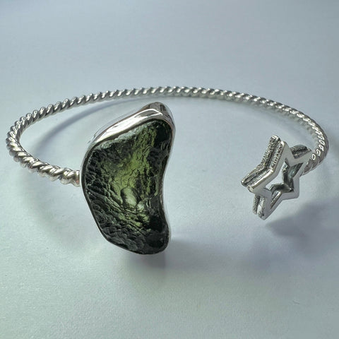 Moldavite Star Silver Bypass Bracelet  3.1g