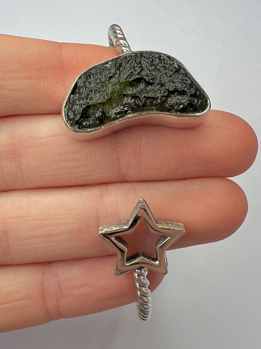 Moldavite Star Silver Bypass Bracelet  3.1g