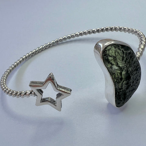 Moldavite Star Silver Bypass Bracelet  3.1g