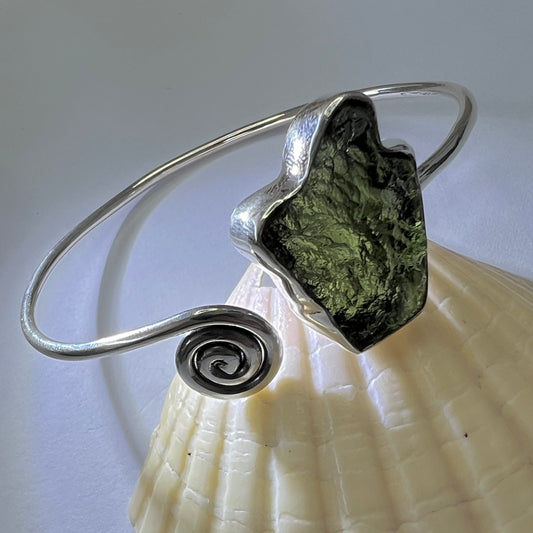 Moldavite Spiral Silver Bracelet 3.7g