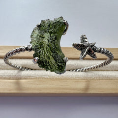 Moldavite Star Silver Open Cuff Bracelet 3.3g