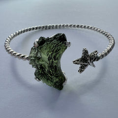 Moldavite Star Silver Open Cuff Bracelet 3.3g