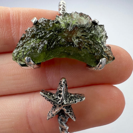 Moldavite Star Silver Open Cuff Bracelet 3.3g