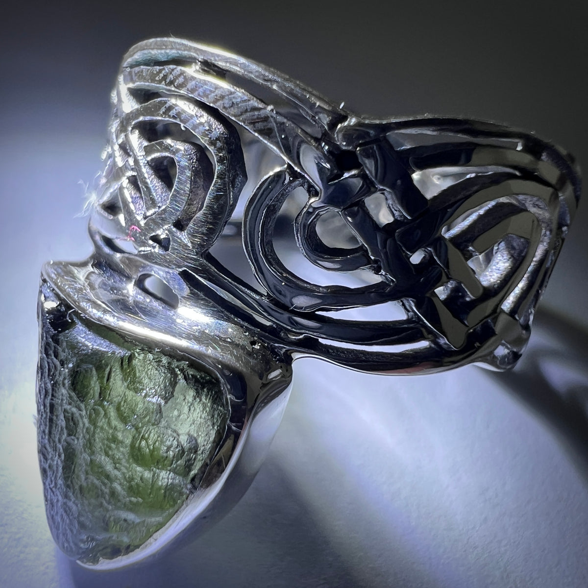Inverted Triangle Band Sterling Silver Moldavite Ring 