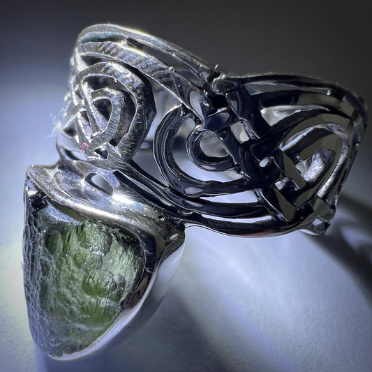 Inverted Triangle Band Sterling Silver Moldavite Ring 