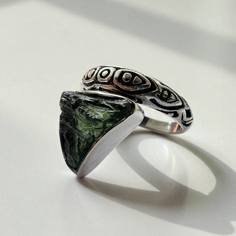 Inverted Triangle Moldavite Silver Ring