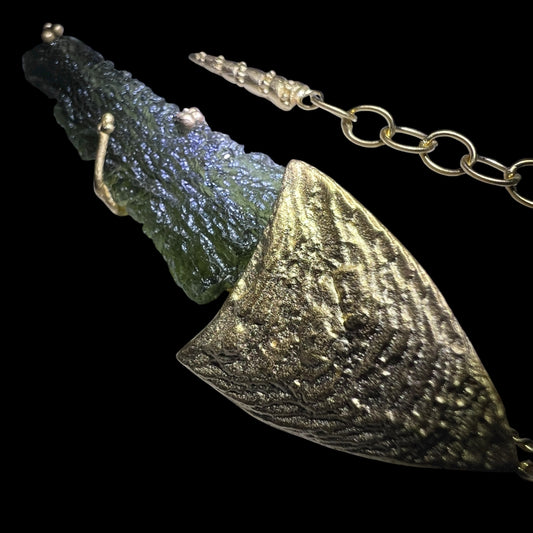 Leaf-Inspired Gold-Plated Moldavite Necklace (3.45g) — Chlum, Czech Republic
