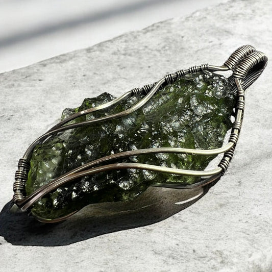 5.8g Moldavite Angel Chime Pendant in Antiqued Silver