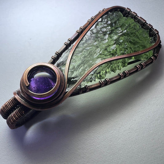 Moldavite & Amethyst Copper Pendant  2.39g
