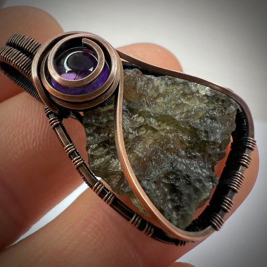 Moldavite & Amethyst Copper Pendant 2.76g