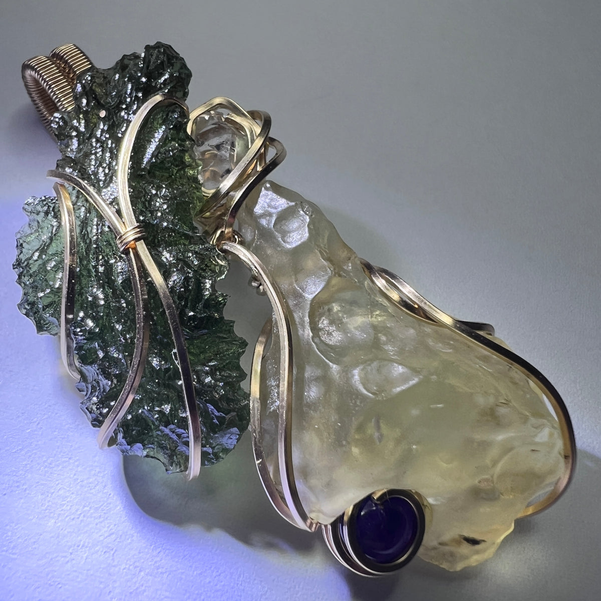 Moldavite, LDG, Herkimer & Amethyst Gold pendant.