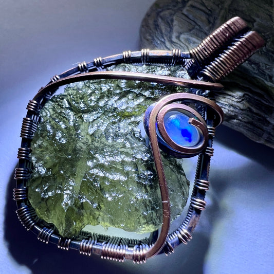 Moldavite & Opal Copper Pendant 3.01g.