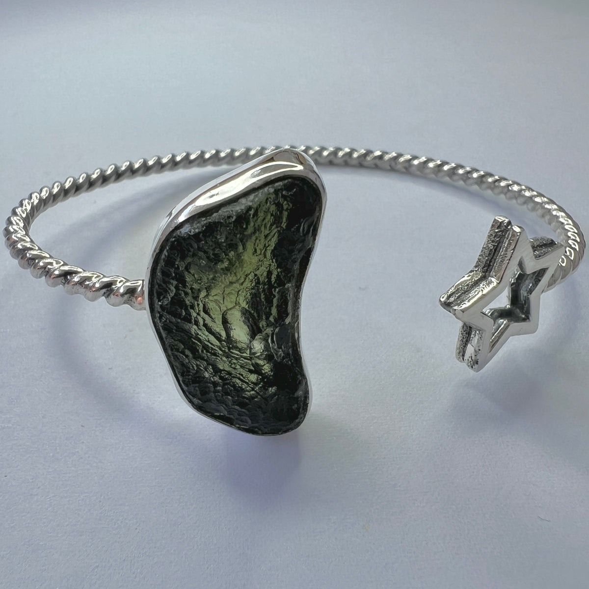 Moldavite Star Silver Bypass Bracelet  3.1g