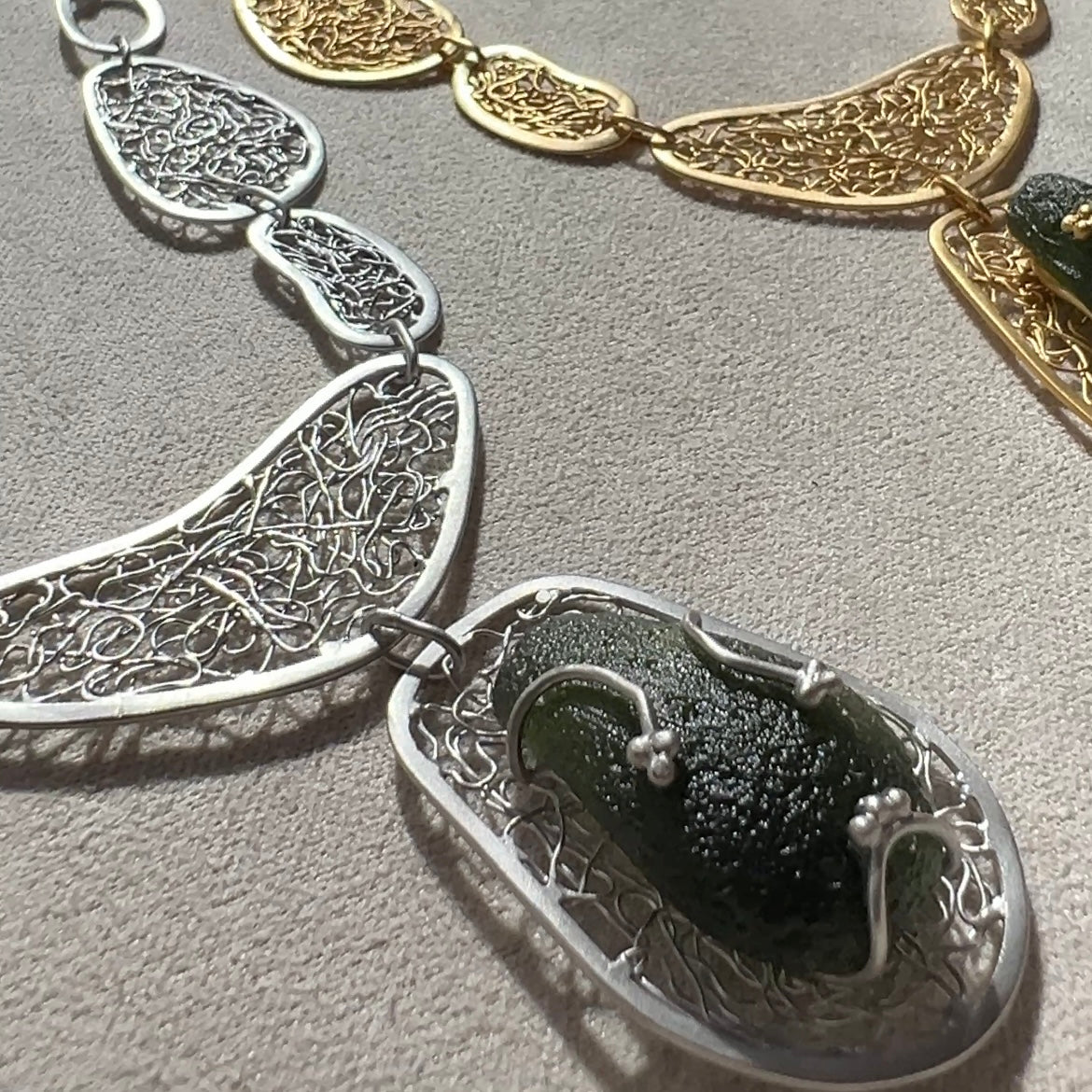 Ornate Moldavite Necklace - Phodium plated Sterling silver.