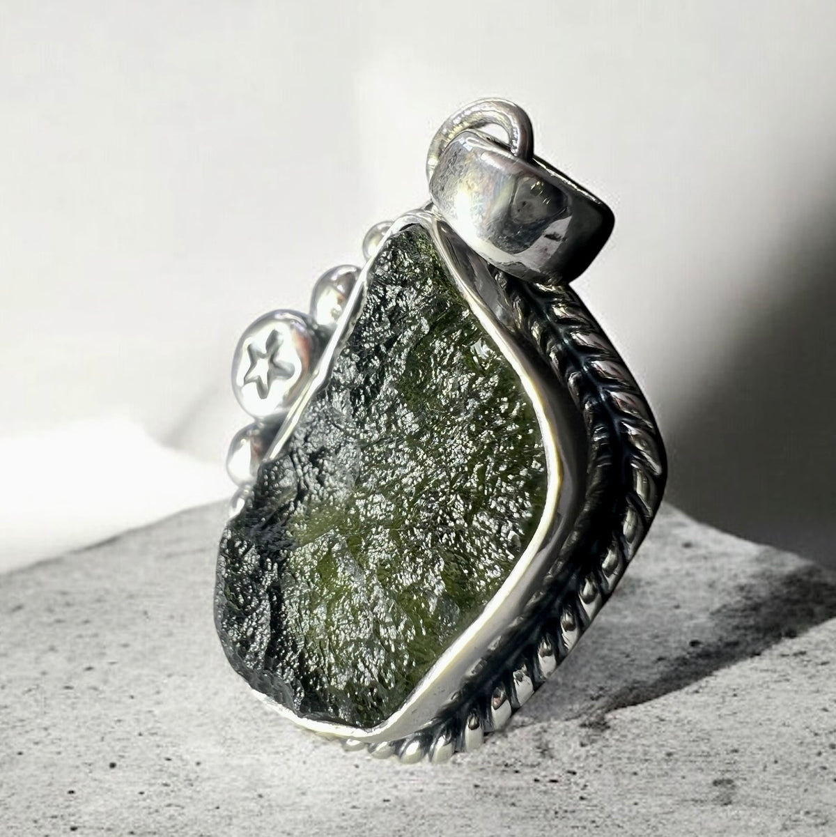 Moldavite & Star Bezel Silver Pendant