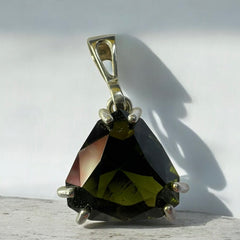 Faceted Triangle Cut Moldavite Silver Pendant, 5.96ct.