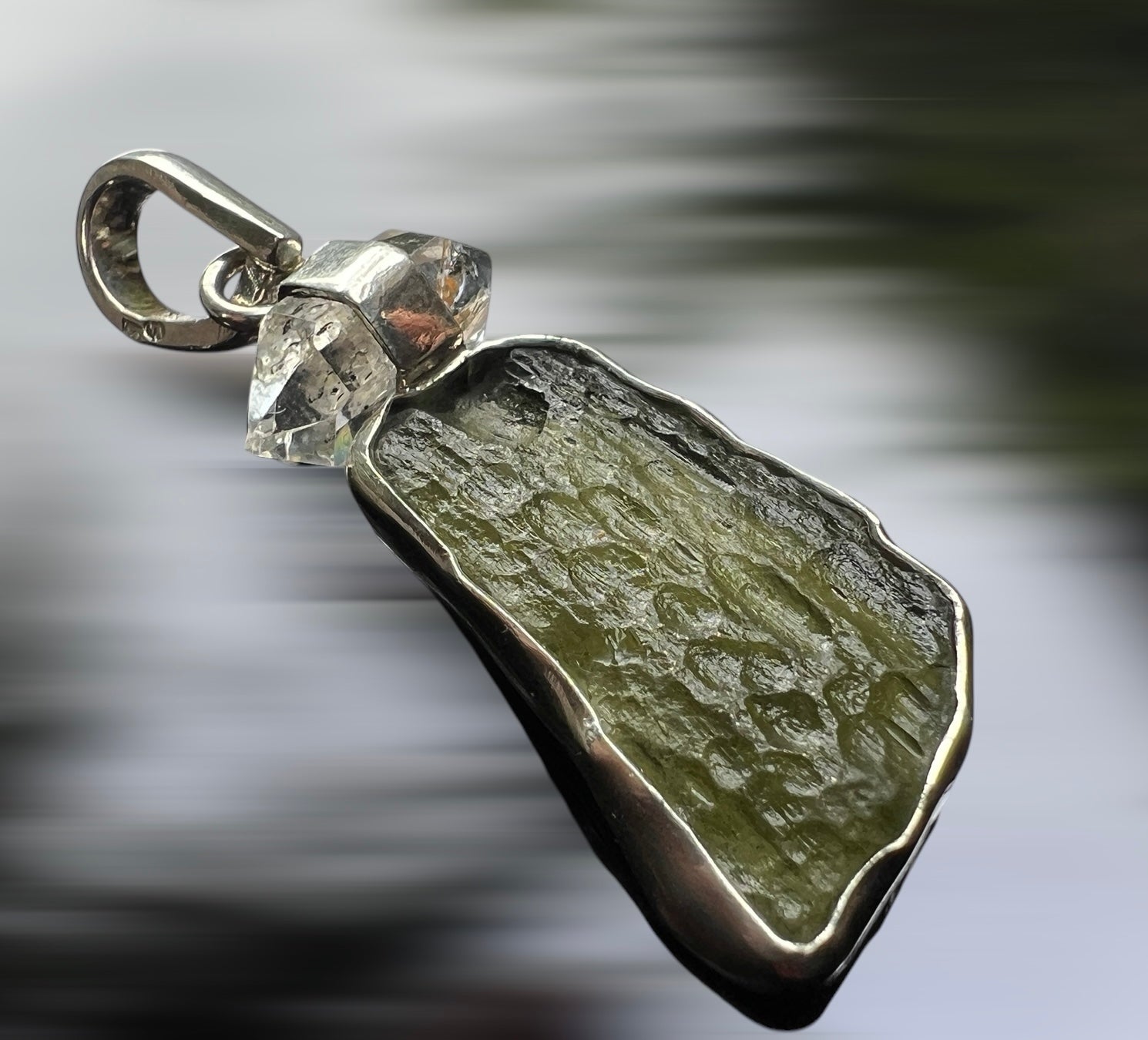 1.1g Moldavite/Silver pendant with Herkimer diamond