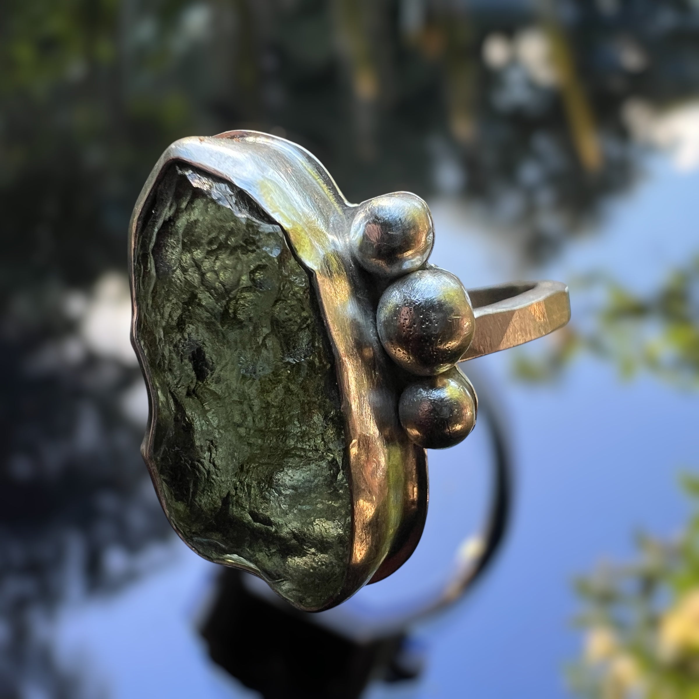 Moldavite/Silver ring, size 10 open.