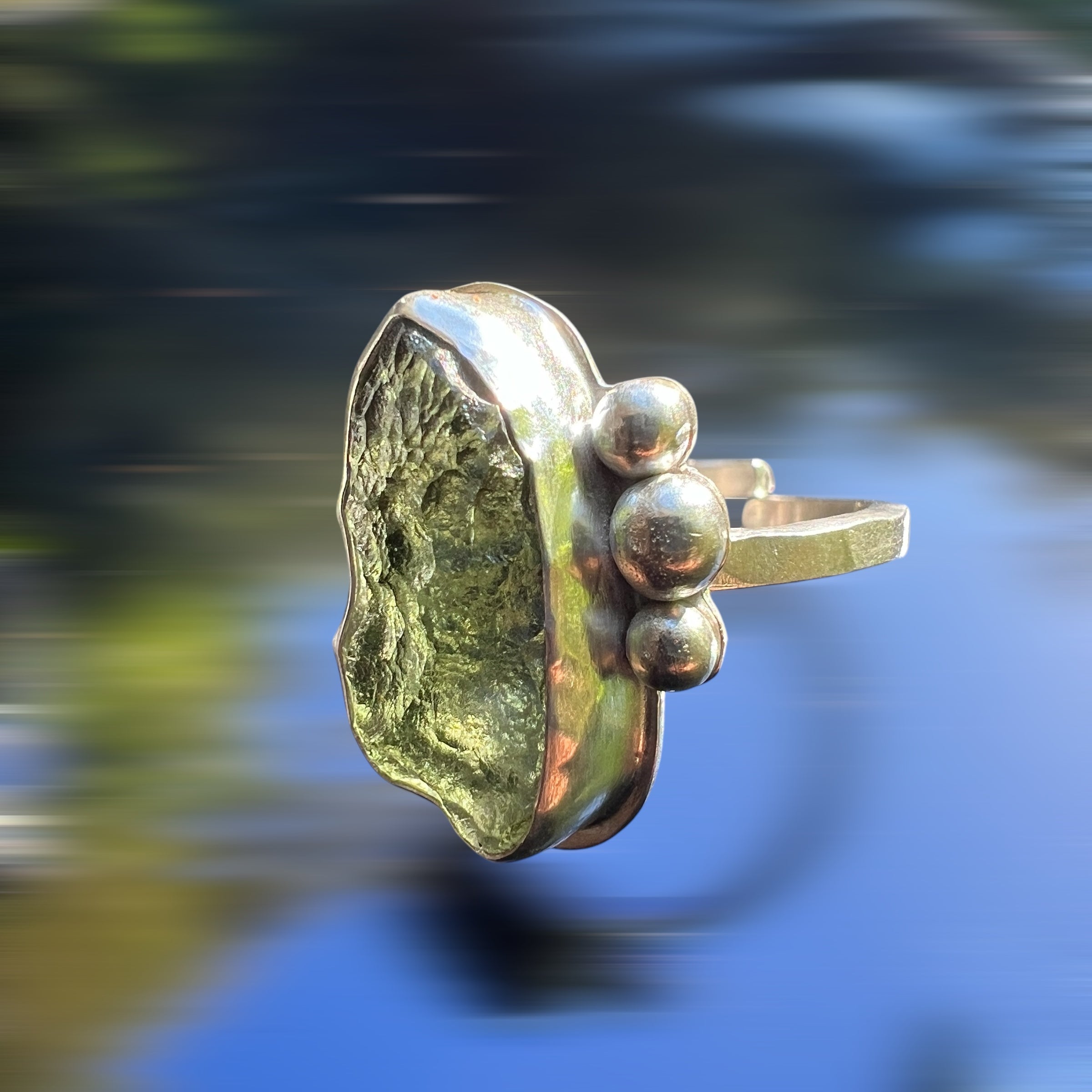 Moldavite/Silver ring, size 10 open.