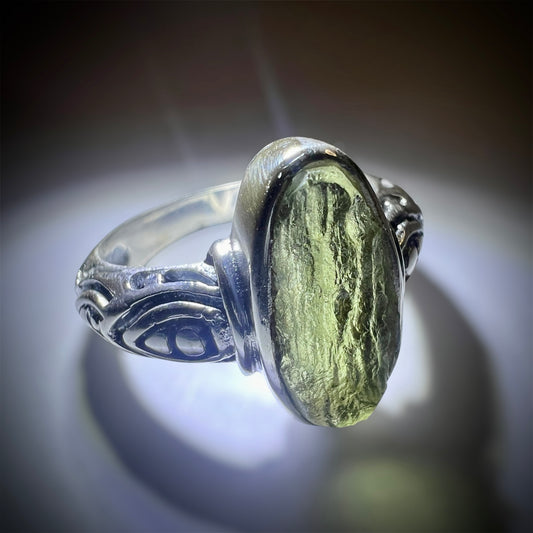 Moldavite silver ring, size 9 - S.